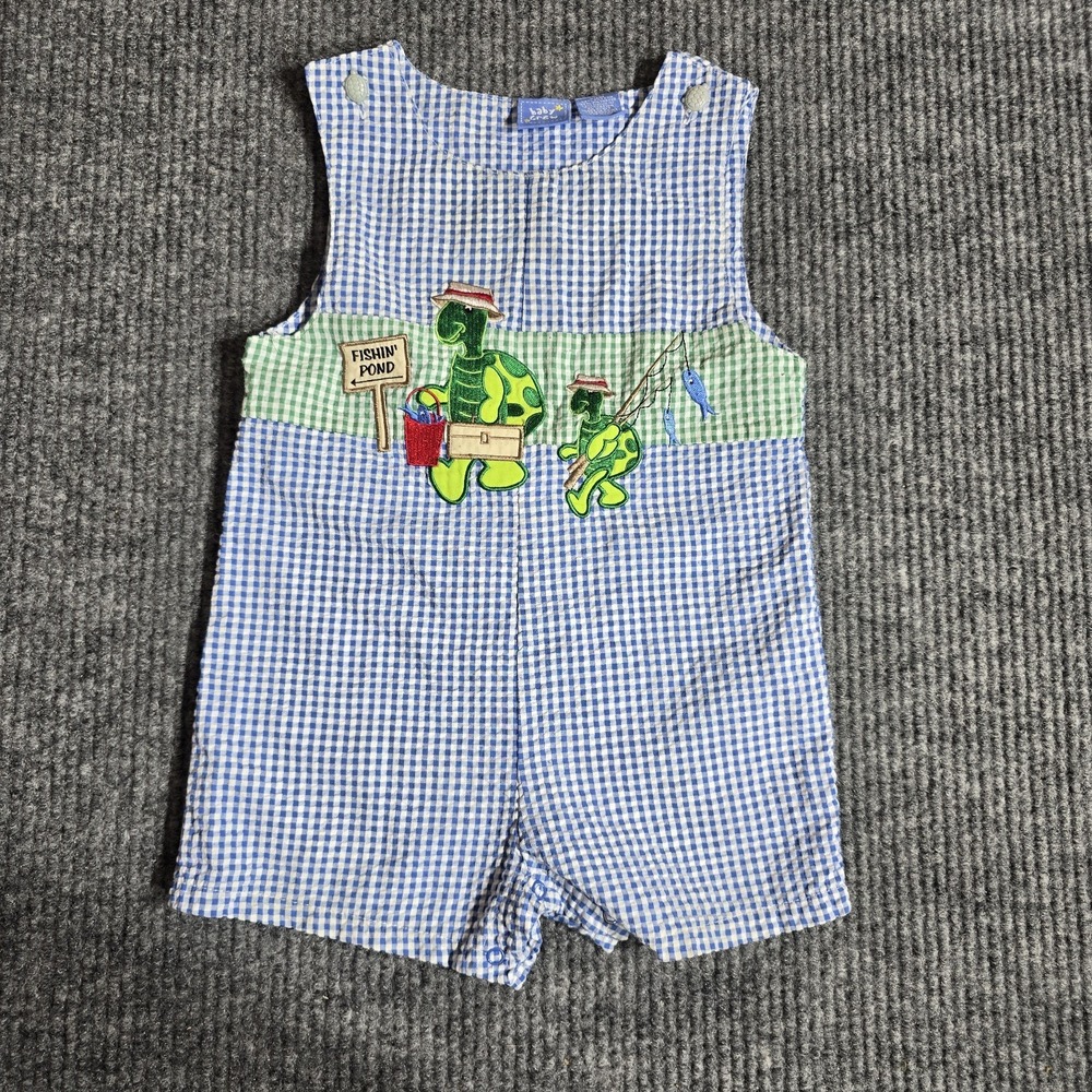 Baby‎ Crew Vintage Shortall Romper Jon Jon Seersucker Blue Green Size 24 Months
